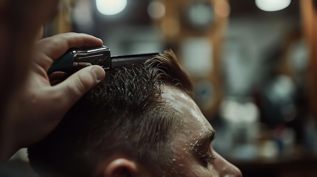 A closeup of a man getting his hair cut at a barbershop The barber is using a comb and scissors to cut the mans hair