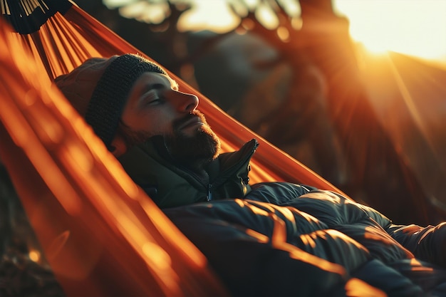 A closeup man hiker resting after climbing in a hammock at sunset