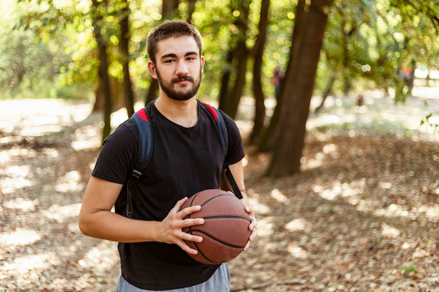 Closeup of a man holding a basketball