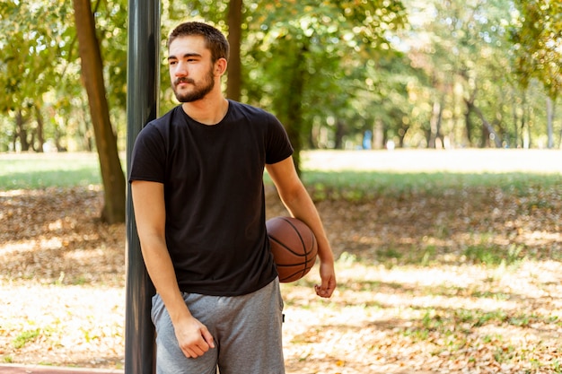 Closeup of a man holding a basketball