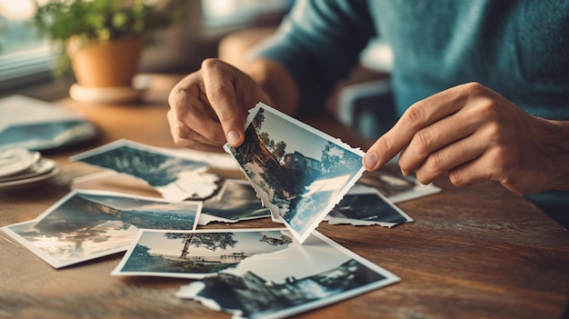 Photo closeup of man holding parts of photo at indoor table