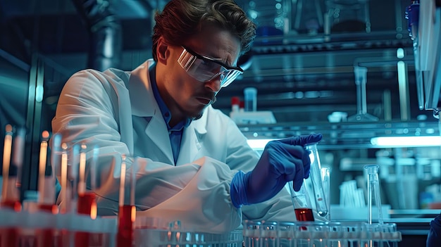 closeup of a man in a laboratory with test tubes