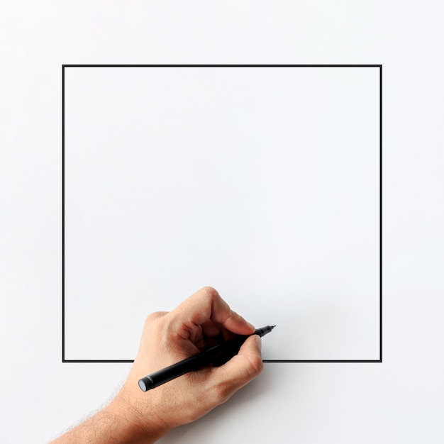 Photo closeup of man's hand is holding a pen showing writing gestures on a white blank background. top view