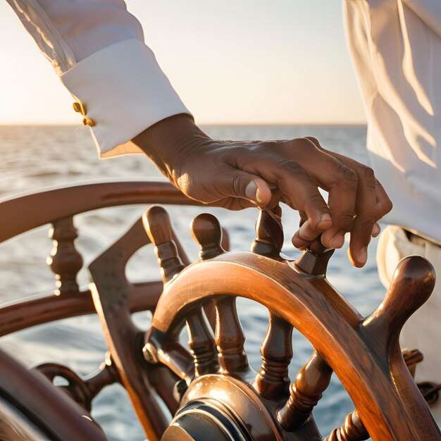 Photo closeup man ship captain holding his hand on wooden rudder helm wheel sea or ocean water waves