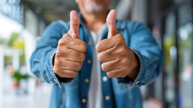 Closeup of a man showing both thumbs up emphasizing positivity approval and encouragement in a casual setting