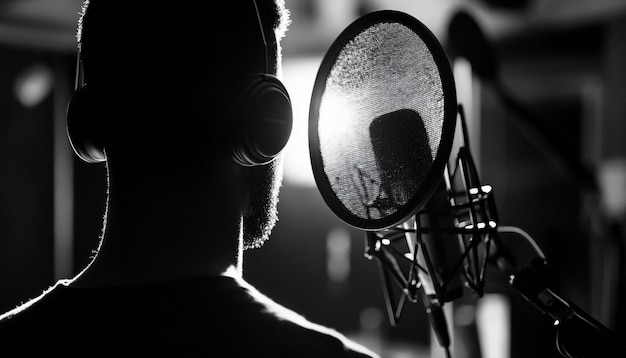 Closeup of man speaking at radio studio with Microphone and pop filter arragement