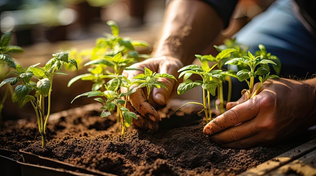 Closeup of a man transplanting small seedlings into the ground web banner gardening love of nature concept