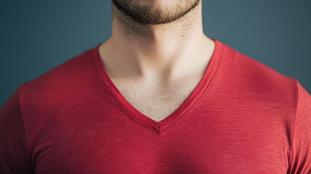 Photo closeup of a man wearing a red vneck tshirt against a blue background