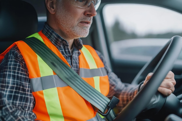 Closeup of a Man Wearing a Safety Vest While Driving