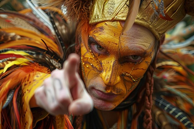 Closeup of a man with gold face paint and feathers pointing at the viewer