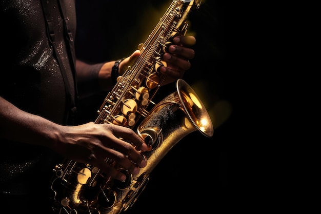 Closeup of a man with saxophone on dark background Generative AI