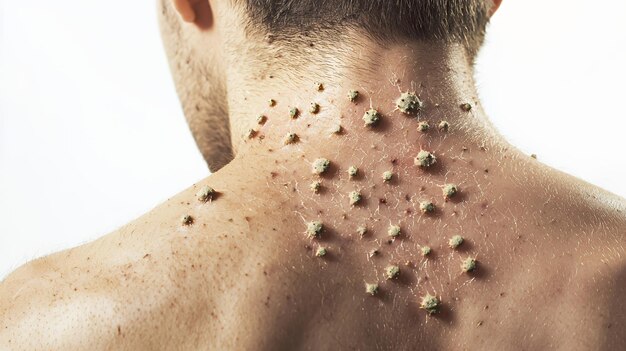 Photo closeup of a man39s back with numerous bumps and a rough texture