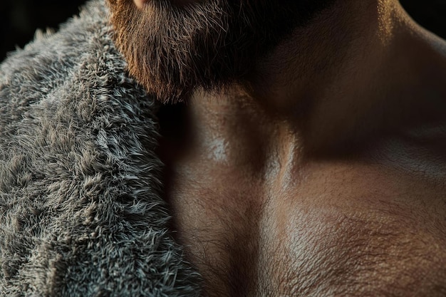 Photo closeup of a man39s chest and beard with a furry garment