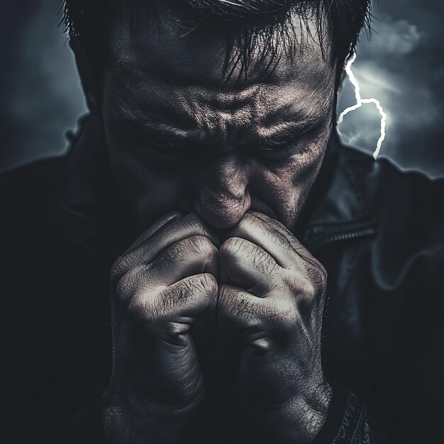 Closeup of a Man39s Face with Fists Clenched Against a Stormy Sky