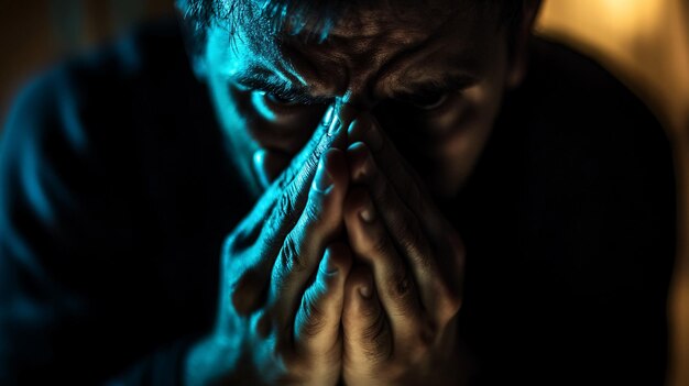 Closeup of a Man39s Face with Hands Covering His Mouth in Blue Light