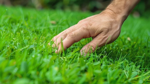 Closeup man39s hand inspecting green grass lawn healthy tall fescue water watering damaged grass new over seed grass fertilizer application