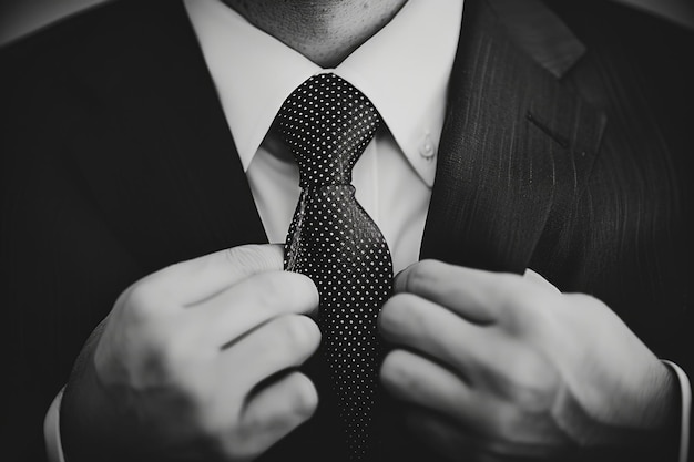 Photo closeup of a man39s hands adjusting a patterned tie as he prepares for a special occasion