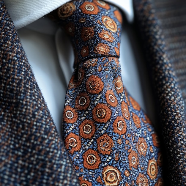 A closeup of a man39s silk tie with an orange and blue abstract pattern worn with a white shirt and a blue tweed jacket