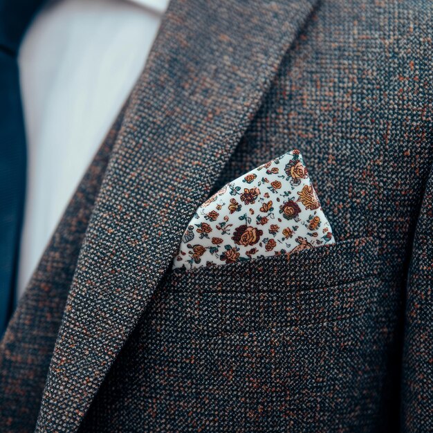 Photo closeup of a man39s suit jacket with a floral pocket square