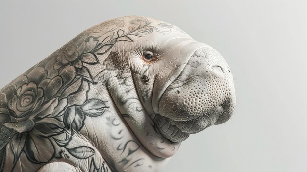 Closeup of a manatee with a floral tattoo