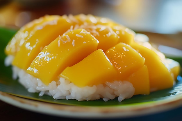 Photo closeup of mango sticky rice with coconut flakes on a green leaf