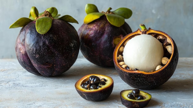 Closeup of Mangosteen Fruit Whole and Cut Open