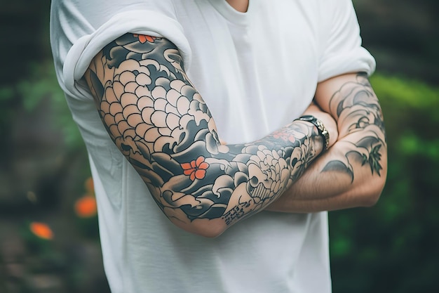 Photo closeup of a mans arm with a detailed japanese tattoo