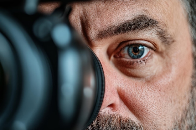 Photo closeup of a mans eye looking through the lens of a camera