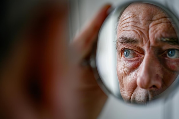 Closeup of a mans eye reflected in a makeup mirror