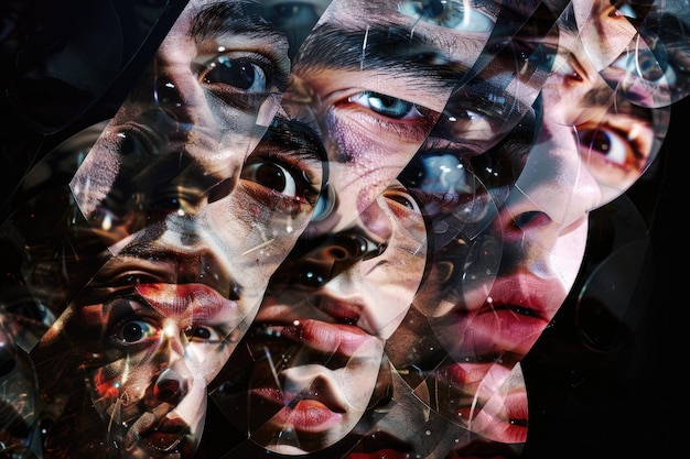 Closeup of a mans face in the shards of a mirror reflecting several faces