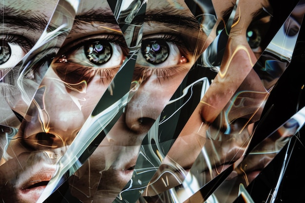 Closeup of a mans face in the shards of a mirror reflecting several faces