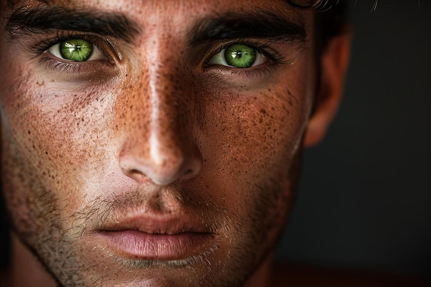 Closeup of a mans face with green eyes looking directly at the camera black background high reso