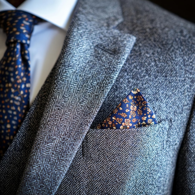 Closeup of a mans gray suit jacket with a patterned tie and pocket square