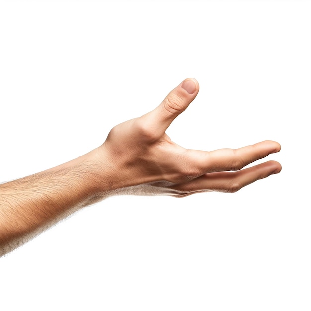 Closeup of a mans hand reaching out on a white background