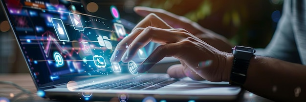 A closeup of a mans hand using the touchpad on a laptop to work on social media marketing The scene