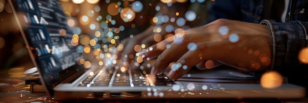 A closeup of a mans hand using a trackpad on a laptop working on social media marketing AI