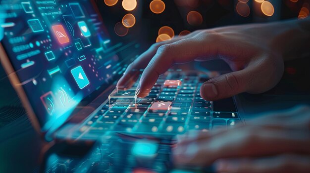 Closeup of a mans hands typing on a computer keyboard focused on social media marketing icons for in