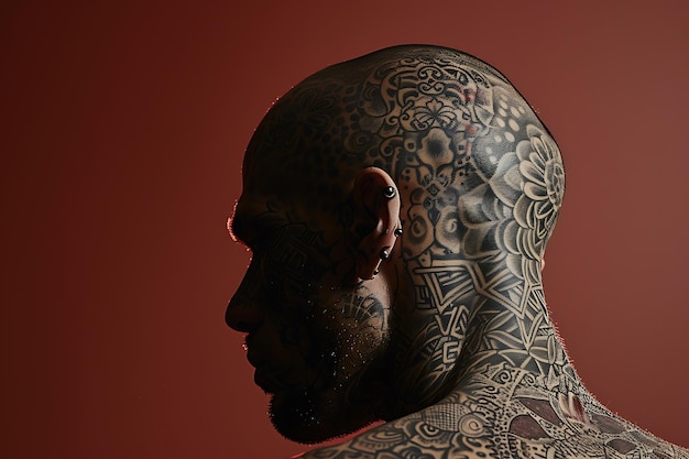 Photo closeup of a mans head and shoulder covered in detailed tattoos