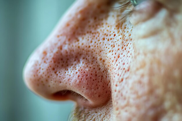 Photo closeup of a mans nose with pores and freckles