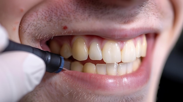 Photo a closeup of a mans teeth being cleaned with an electric toothbrush the man has his mouth open and is smiling