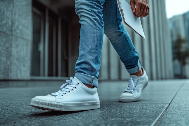 Photo closeup of a mans white sneakers and jeans in urban setting