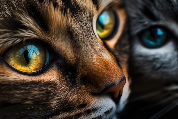 Closeup of many cats eyes with different colors and shapes visible created with generative ai