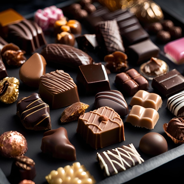 Photo closeup of many chocolate candies on dark background