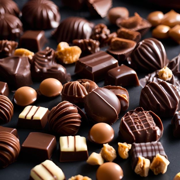 Photo closeup of many chocolate candies on dark background