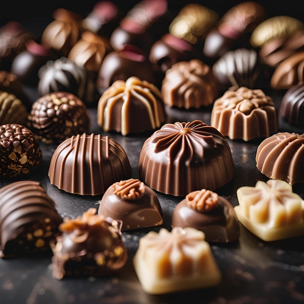 Photo closeup of many chocolate candies on dark background