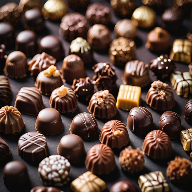 Photo closeup of many chocolate candies on dark background