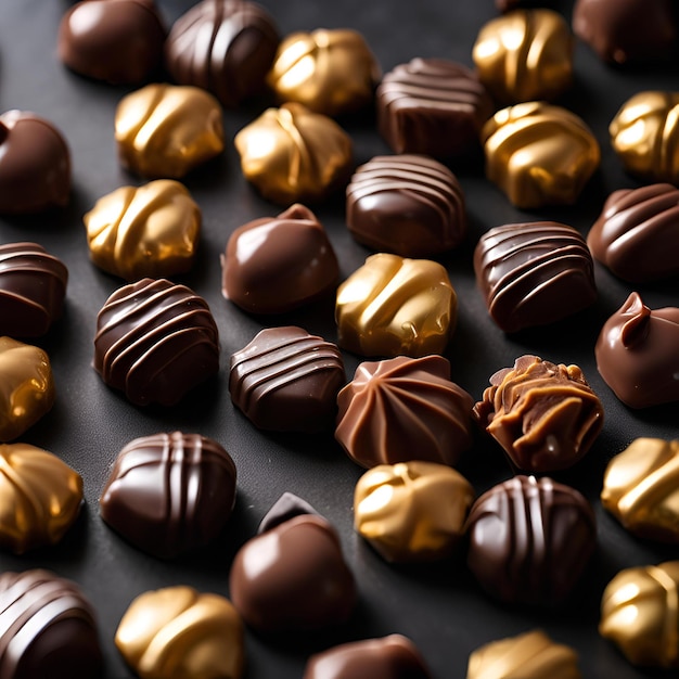 Photo closeup of many chocolate candies on dark background