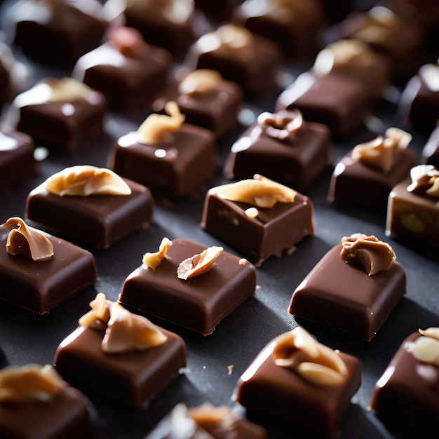 Photo closeup of many chocolate candies on dark background