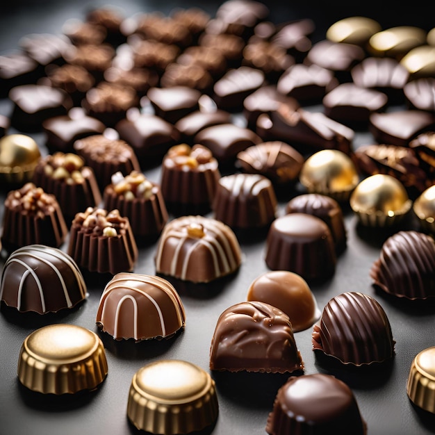 Photo closeup of many chocolate candies on dark background