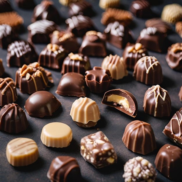 Photo closeup of many chocolate candies on dark background